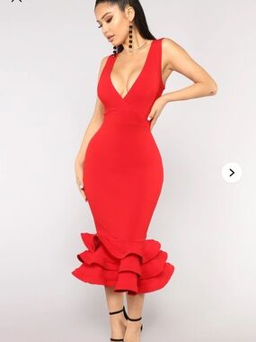 Red Deep-V Ruffle-Hem Midi Dress